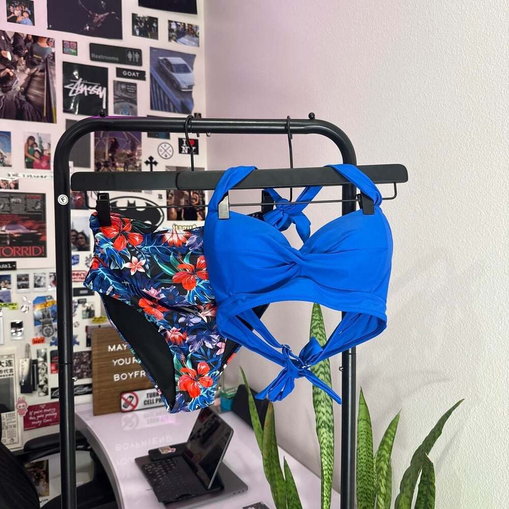 Unbranded Royal Blue and Floral High-Waisted Bikini Set